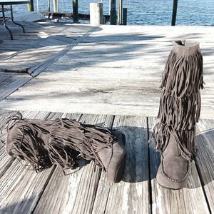 KALI Dark Grey Indian/Western 3 Layer Fringe Boots - Calf-High - Size 8 …